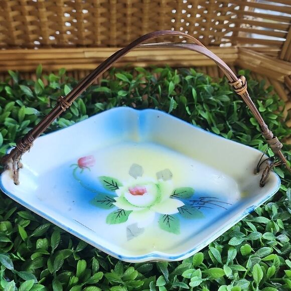 Vintage 1940 Handpainted Floral Souvenir Trinket Tray With Handle - Picture 1 of 10